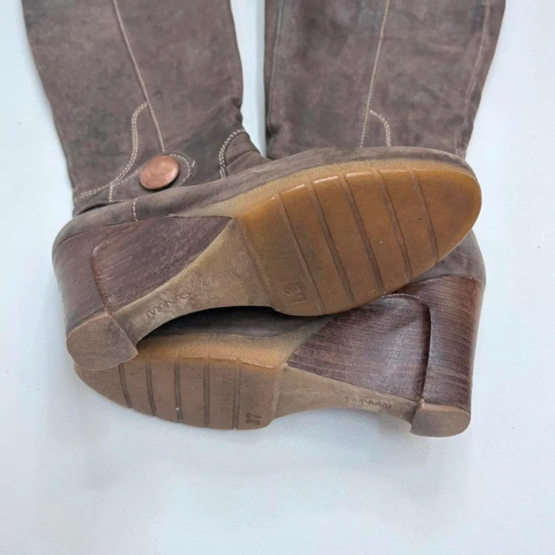 Brown leather wedge knee high boots