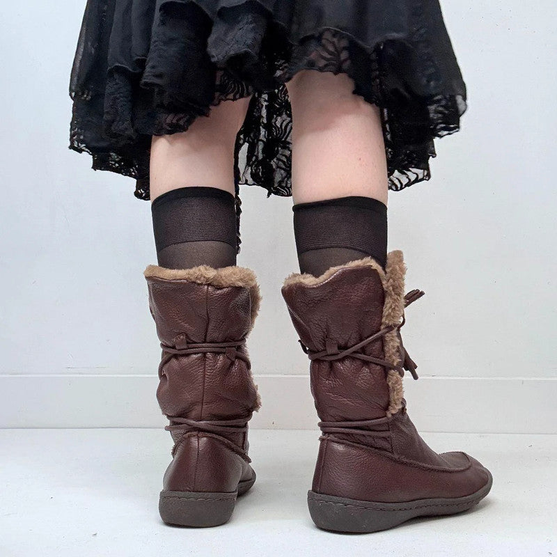 brown leather wrap faux-fur boots