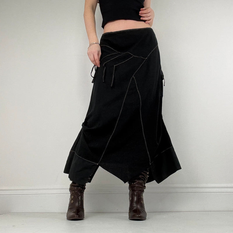 panelled patchwork asymmetric black midi skirt