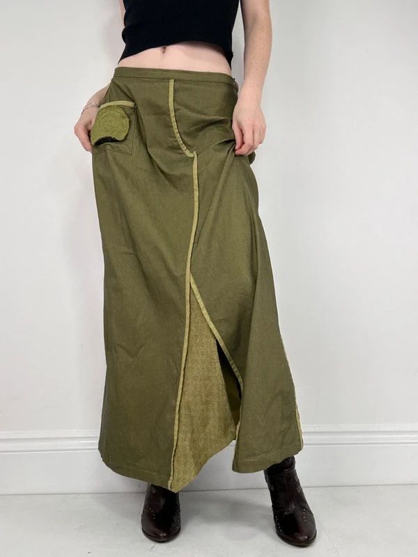 asymmetric khaki maxi skirt