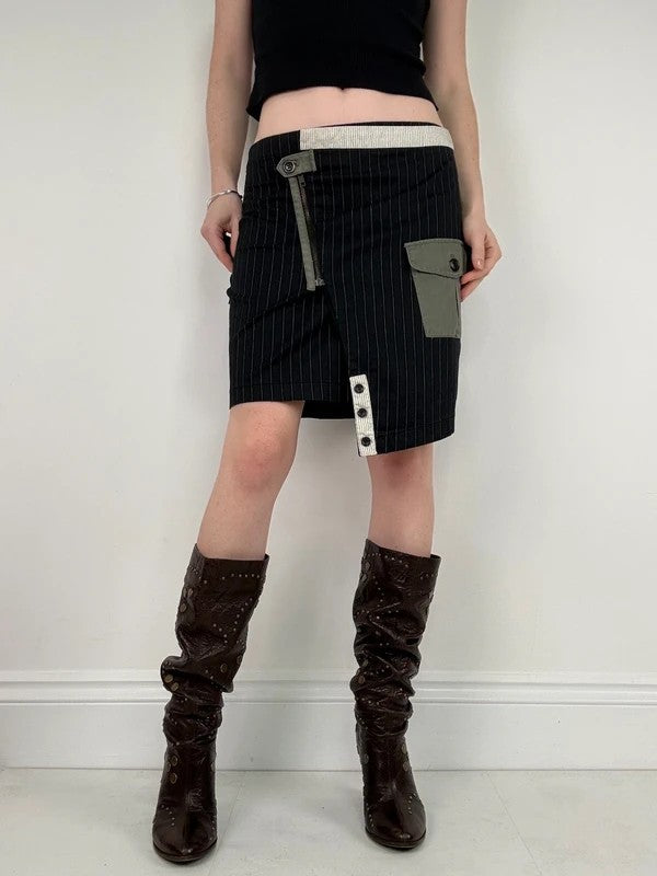 asymmetric deconstructed black pinstripe midi skirt