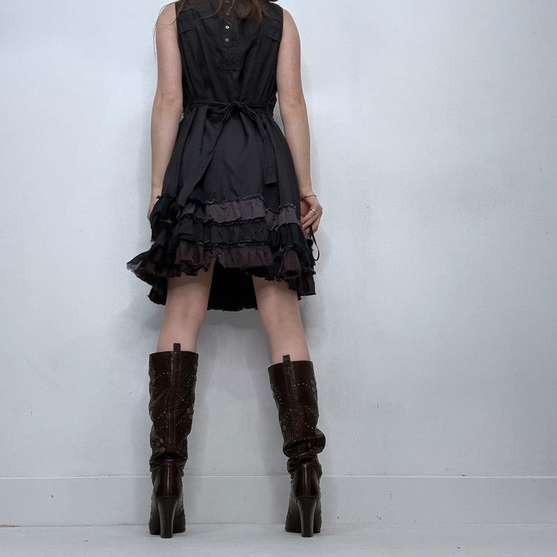 grunge ruffle flared puff midi dress