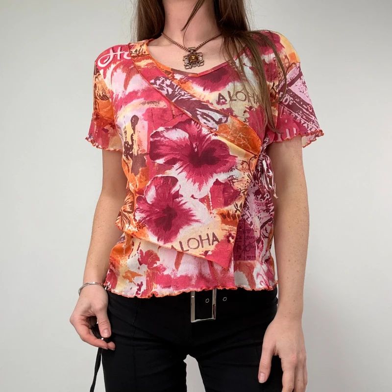 pink hawaiian floral graphic printed mesh top