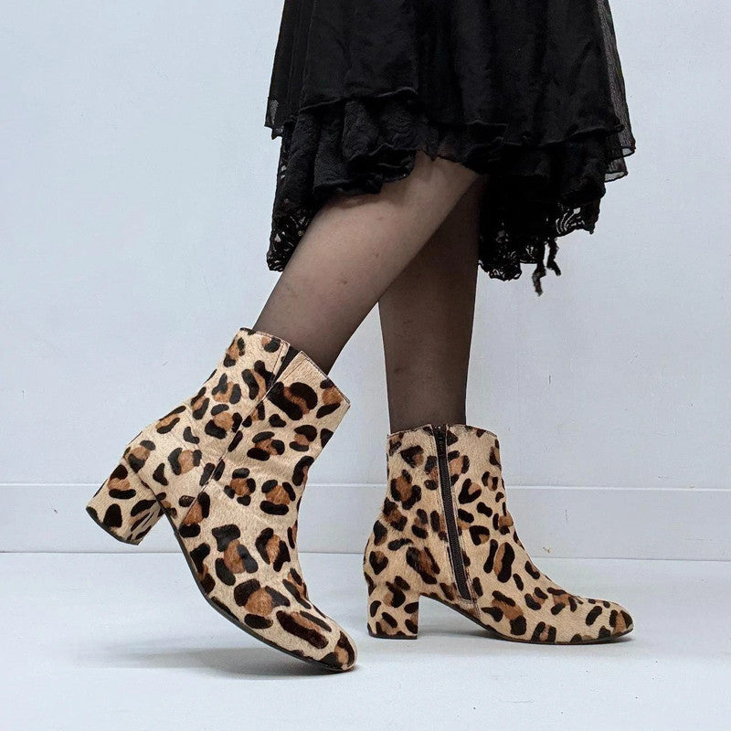 leopard print pony hair heel boots