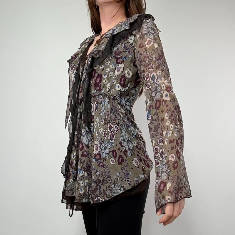 Sheer Khaki Ruffle Fairy Blouse
