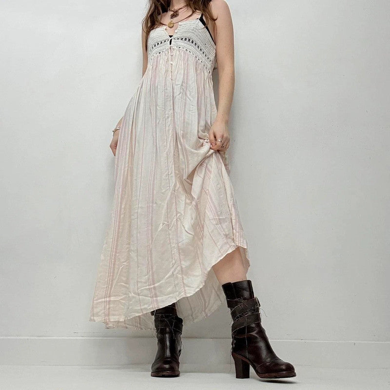 cream pinstripe crochet boho dress