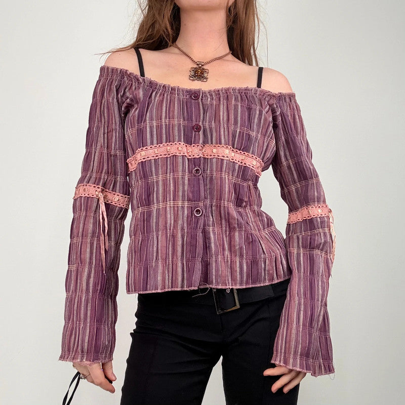 tartan off the shoulder gathered cotton shirt