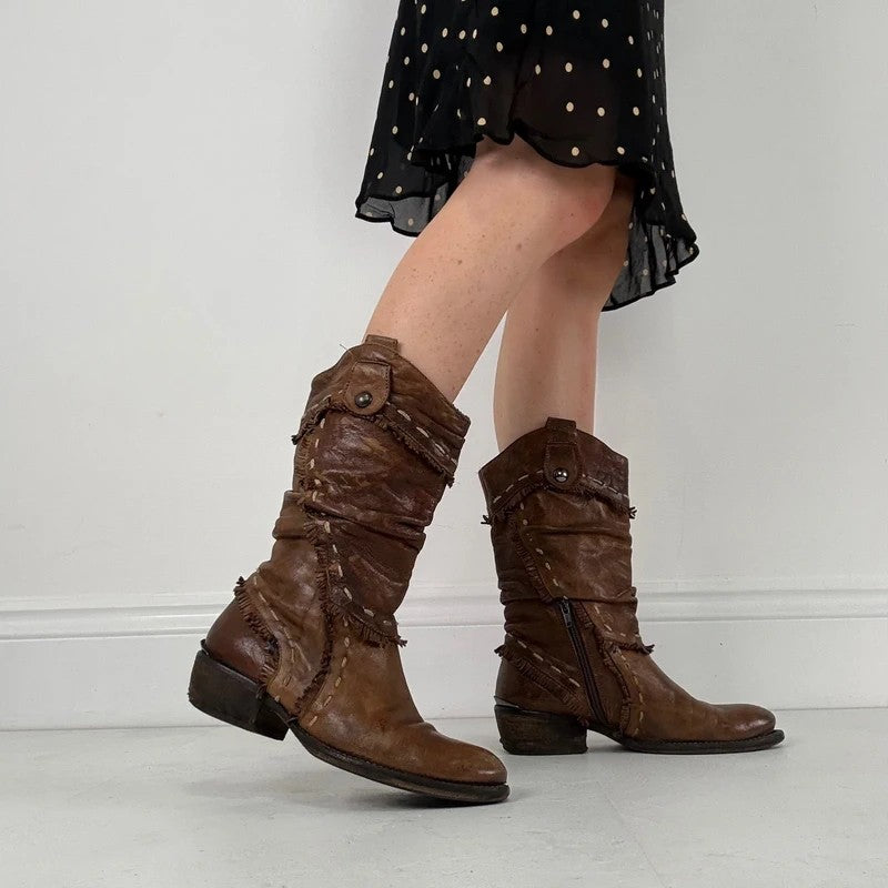 Brown leather slouchy western boots