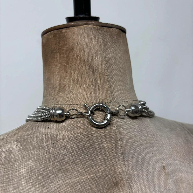 layered chunky silver chain tassle necklace