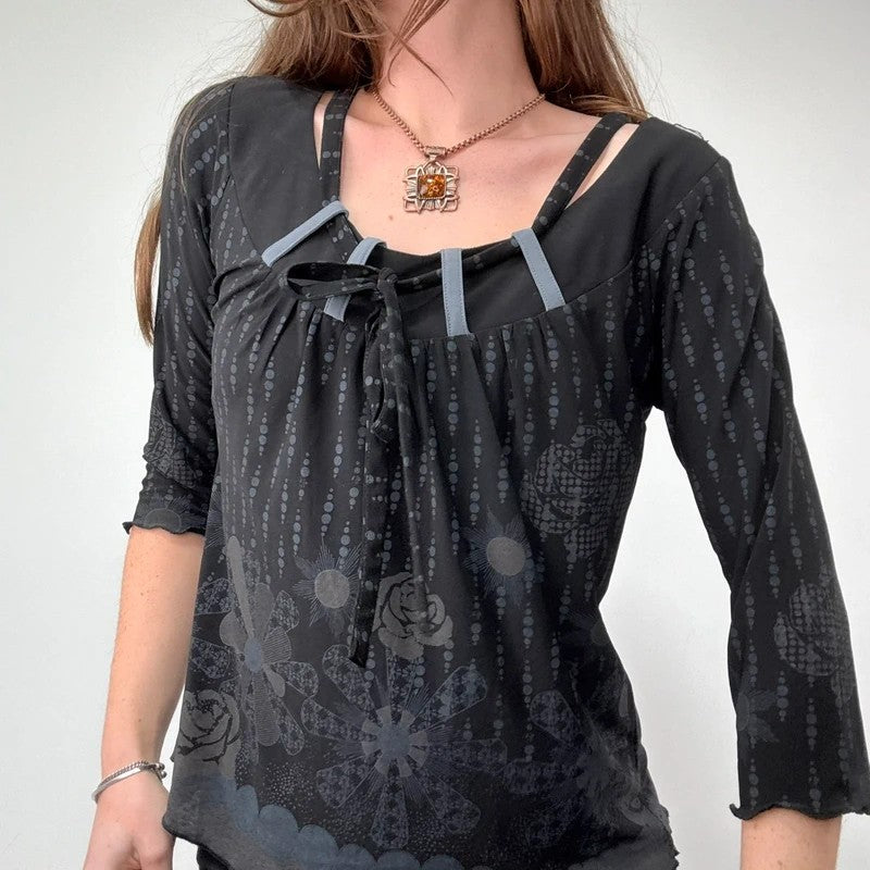 black wide neck belt loop 3/4 length sleeve polkadot t-shirt