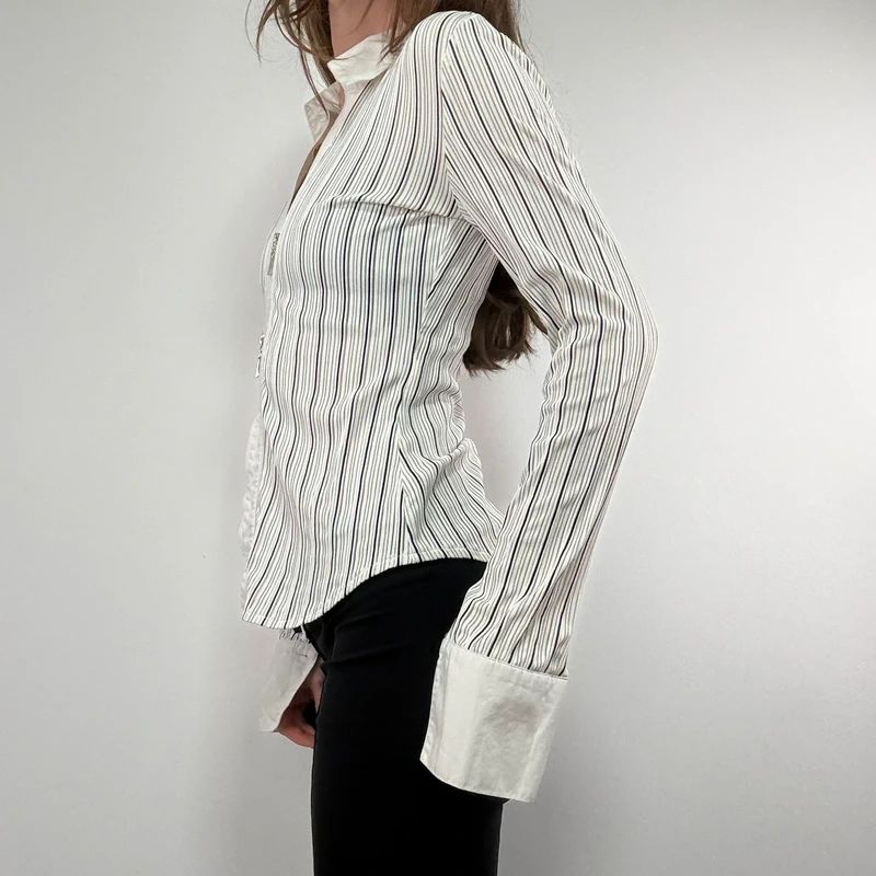 zip through pinstripe fitted white shirt