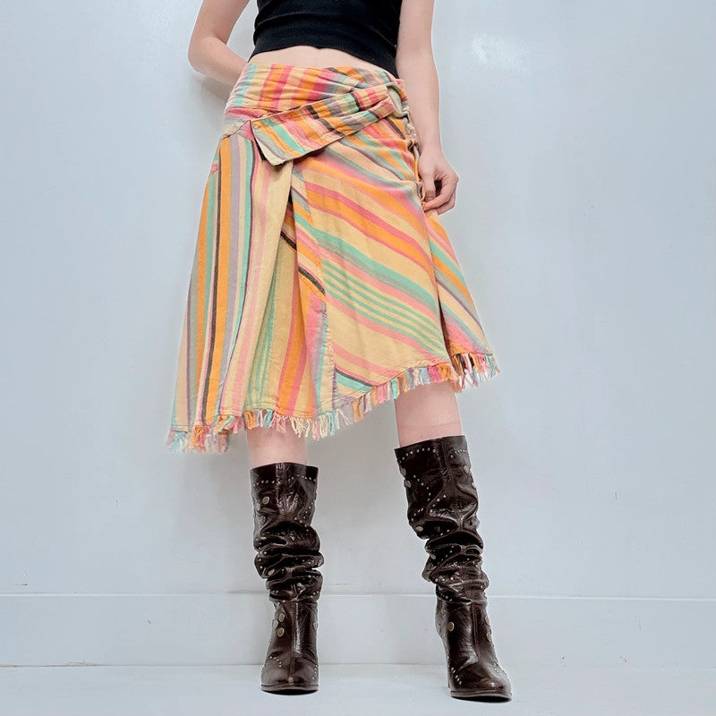 pinstriped asymmetric draped wrap skirt