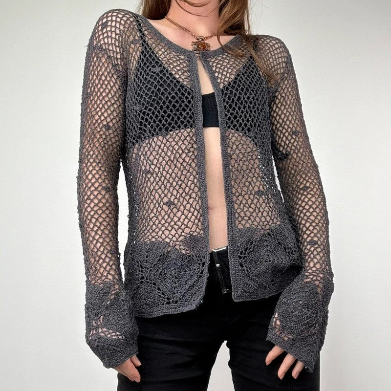 grey crochet sheer lace knit cardigan