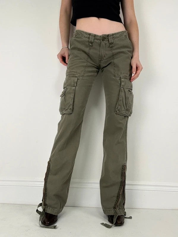 Low rise khaki flared cargo utility trousers