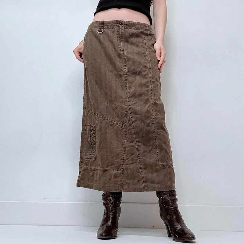 khaki brown pinstripe a-line maxi skirt