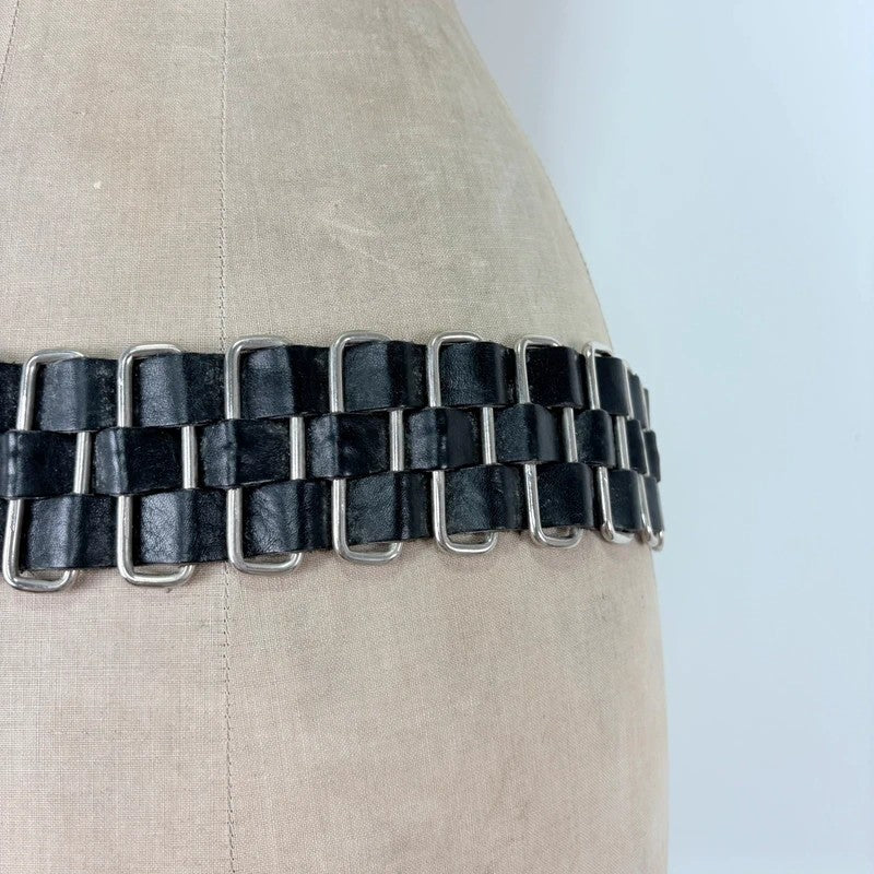 Black leather chunky metal belt