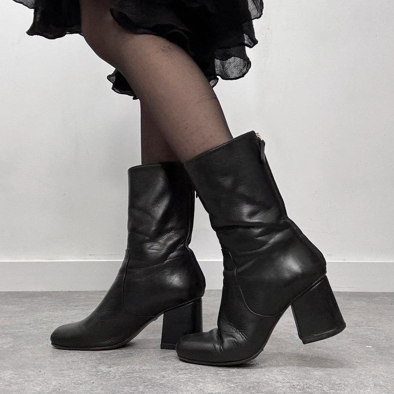 black leather square heel boots