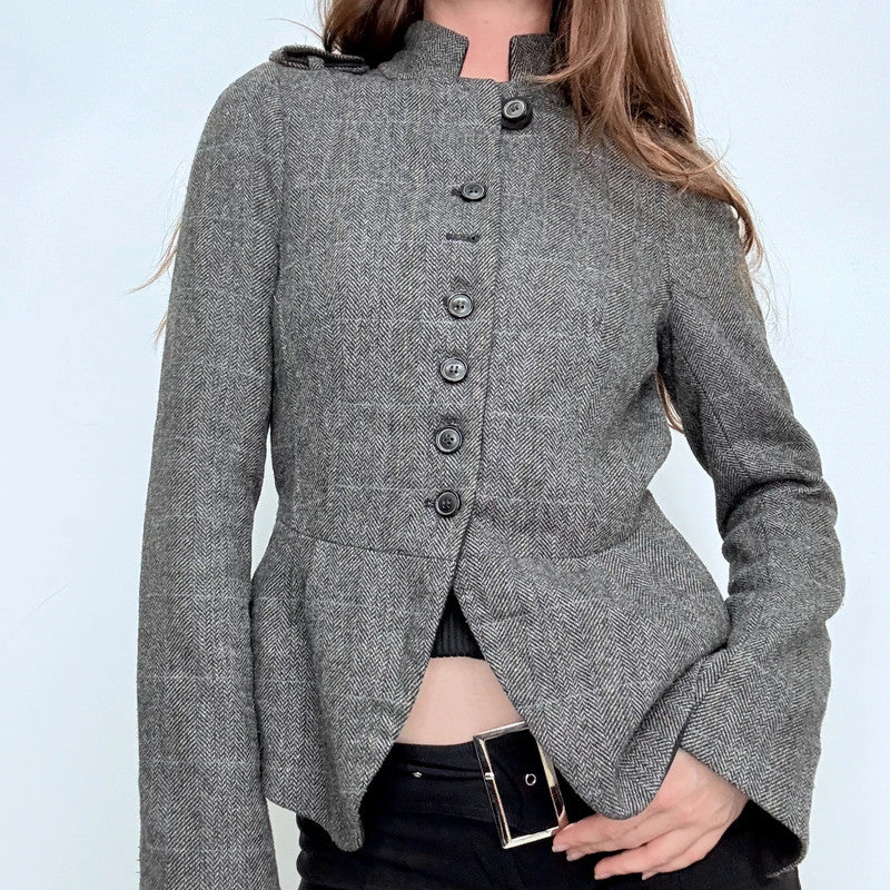 grey fitted flared high neck military jacket