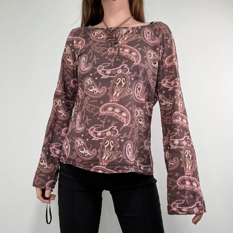 brown and pink paisley flared cotton boho shirt