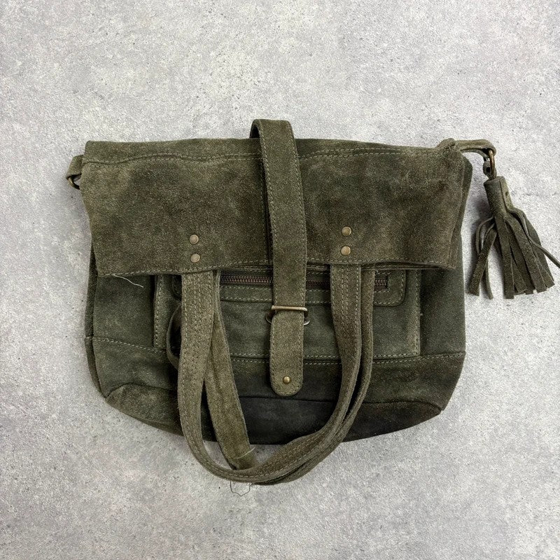 Khaki green suede leather tassel tote bag