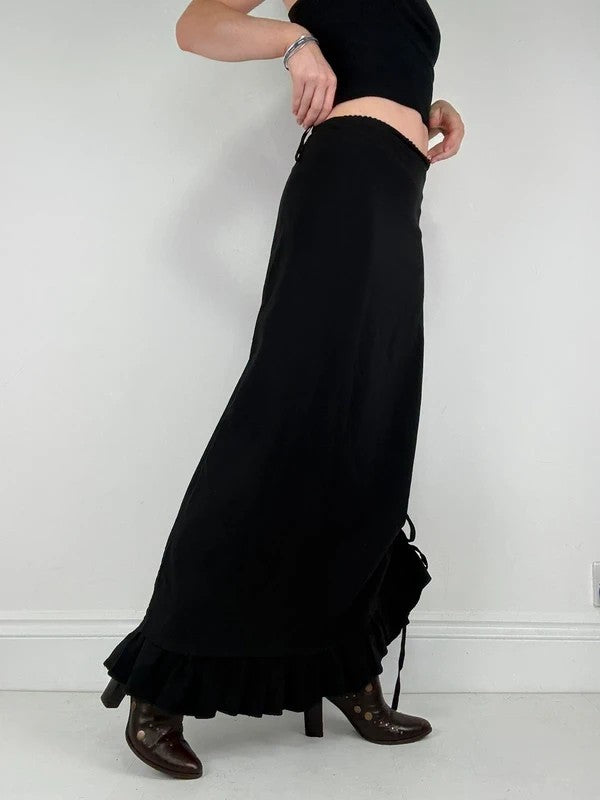 Low waisted black cinched ruffle maxi skirt