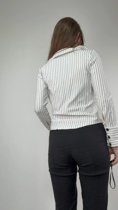 white pinstripe fitted flared shirt