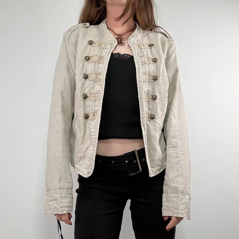 cotton khaki distressed button military jacket