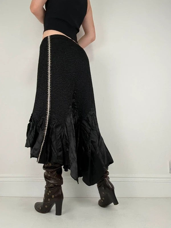 Black crinkle pleated cinched ruffle maxi skirt