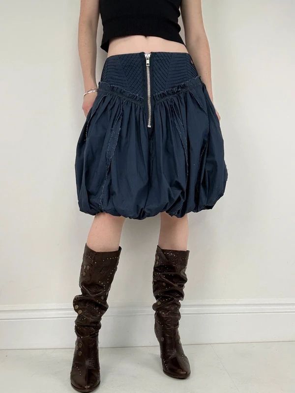 Puff parachute navy pleated midi flare skirt with zipper