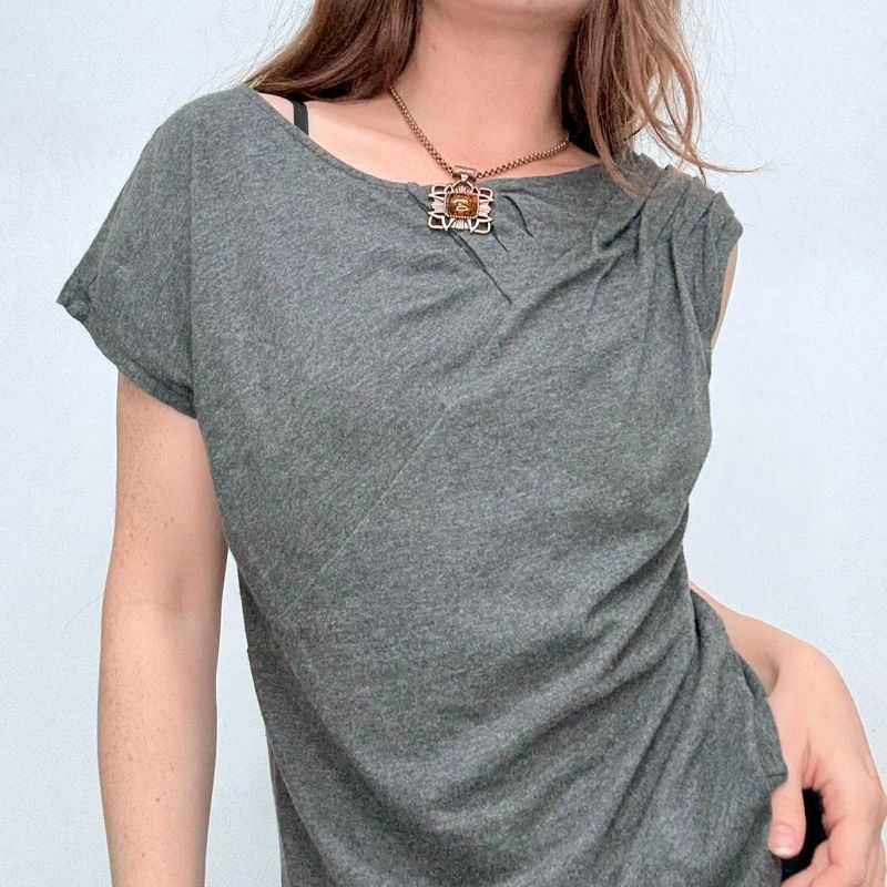 grey slouchy gathered pleated t-shirt top