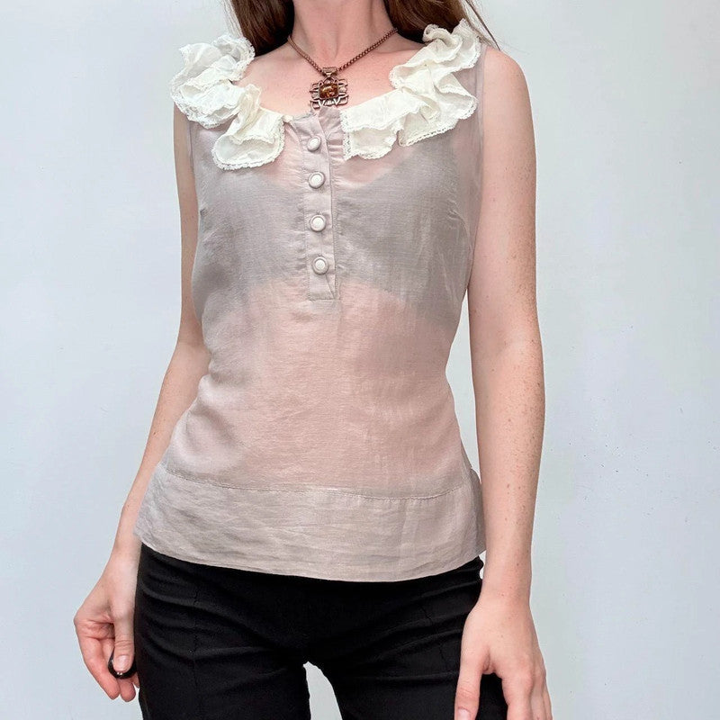 lace ruffle sheer silk cream shirt