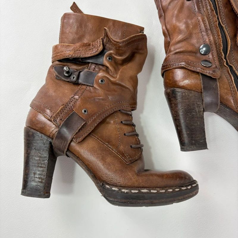 tan leather buckle gothic steampunk military boots
