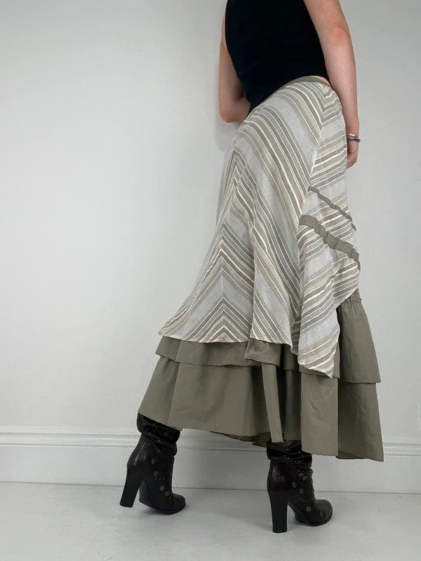 khaki layered pleated ruffle cotton maxi skirt