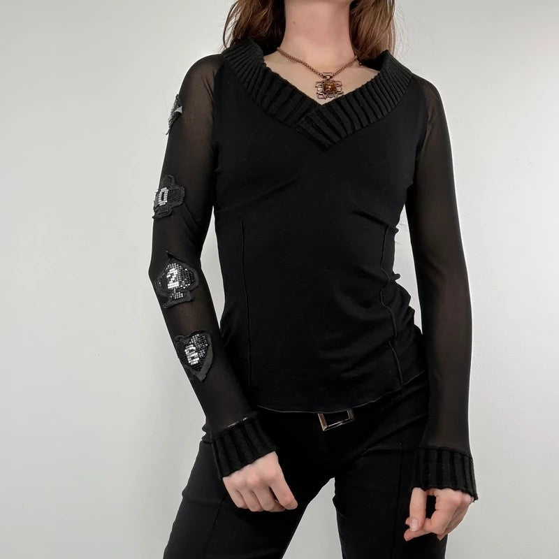 black layered mesh long sleeve slouchy rib top 2026