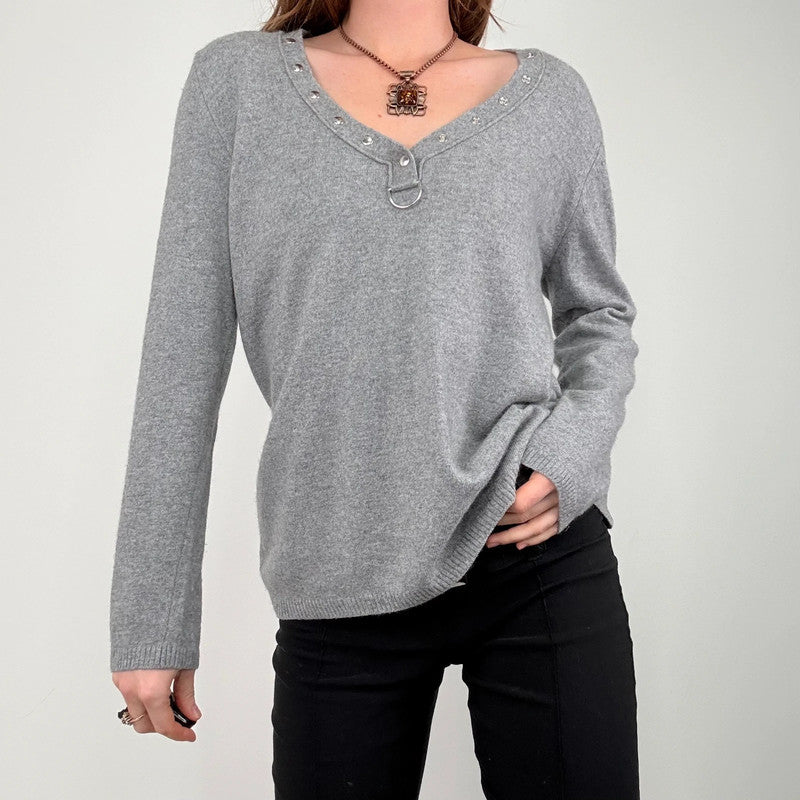 grey cashmere slouchy studded jumper