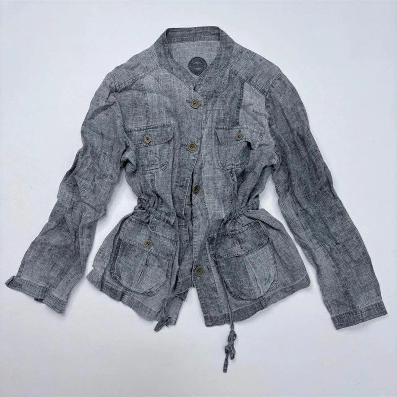 grey linen distressed cinched cargo shirt