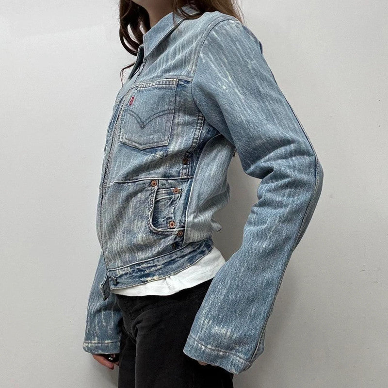 distressed patched denim jacket