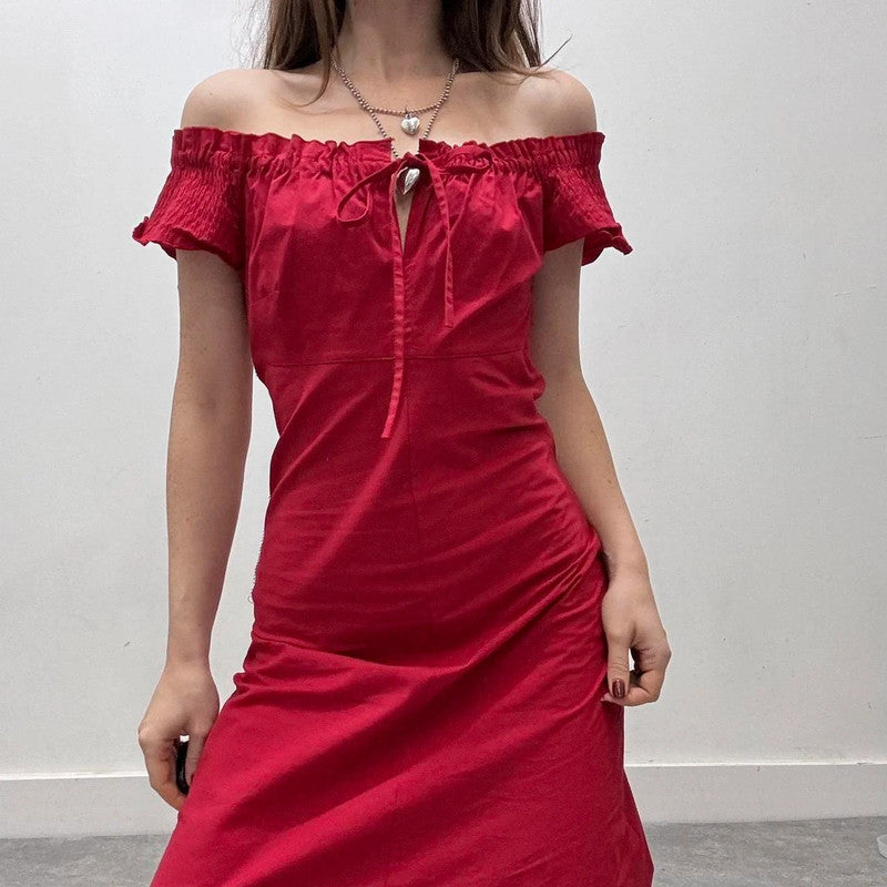 red off-the-shoulder coquette dress