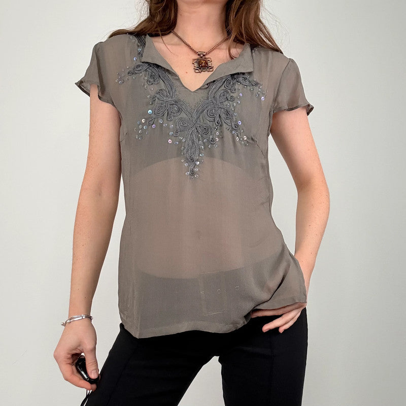 grey sheer beaded flutter shirt