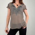 grey sheer beaded flutter shirt