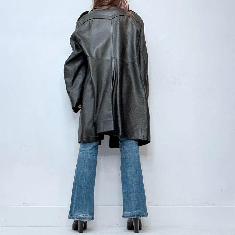 oversized black leather grunge trench coat