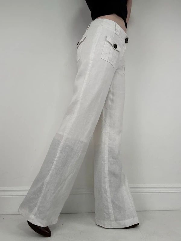 Cargo linen summer flare white trousers