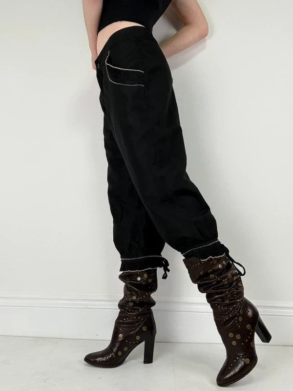 black capri pants pleated ruffle hem trousers
