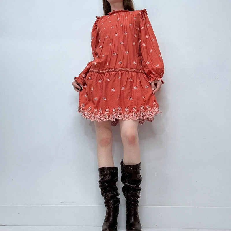 orange boho embroidered puff boho dress