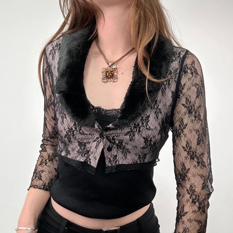 Lace Cropped Cardigan with Faux Fur Collar