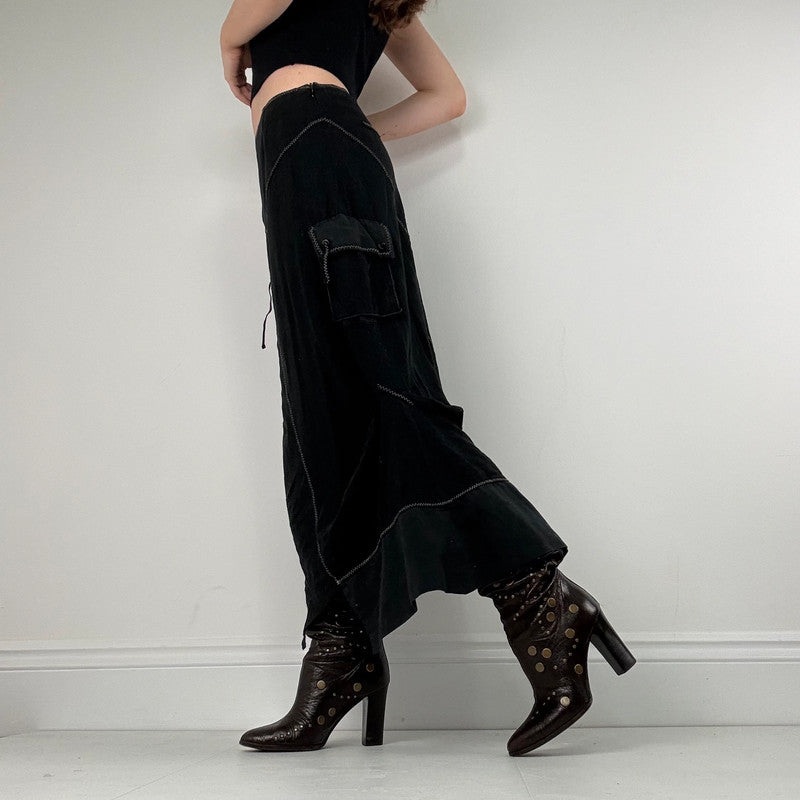 panelled patchwork asymmetric black midi skirt