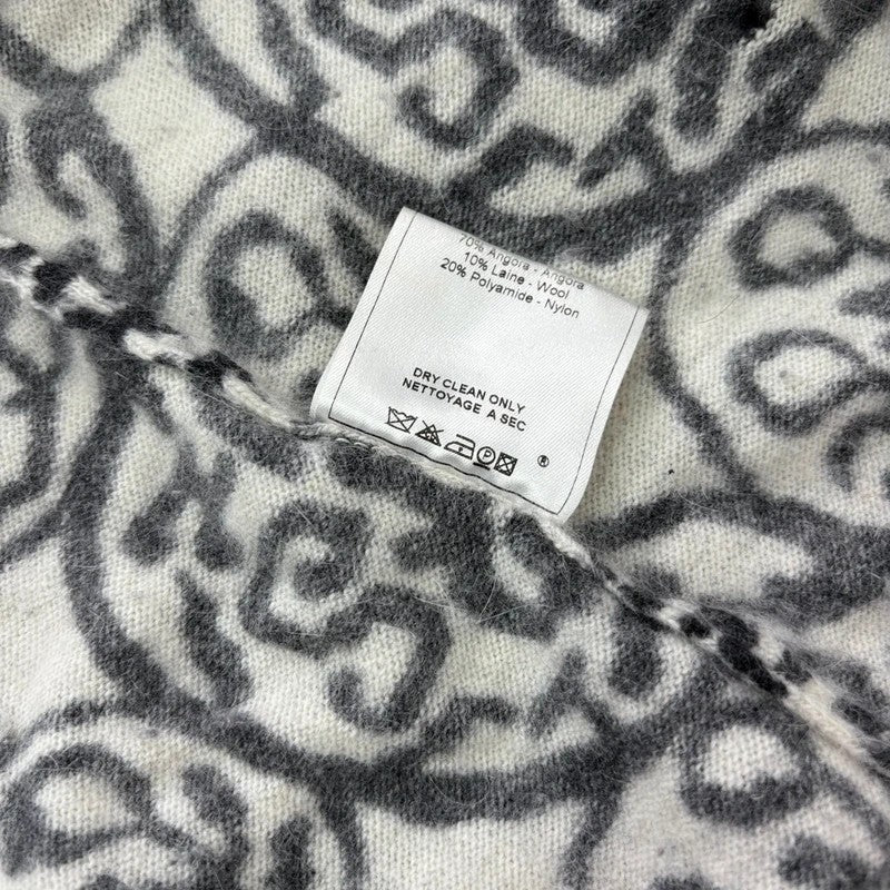 black and white slouchy patterned knit jumper, angora zip through funnel neck