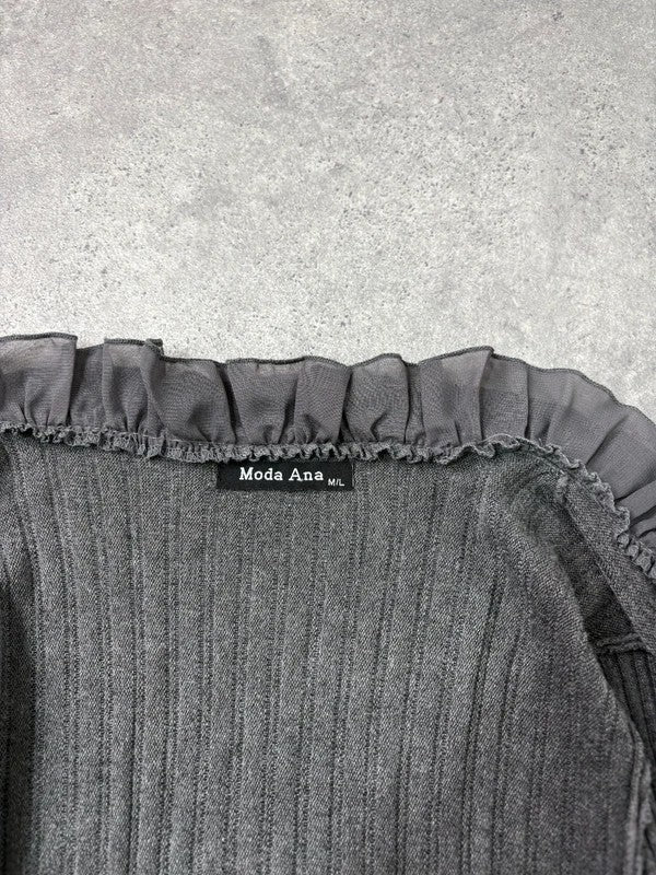 ribbed knit flutter grey long ruffle cardigan