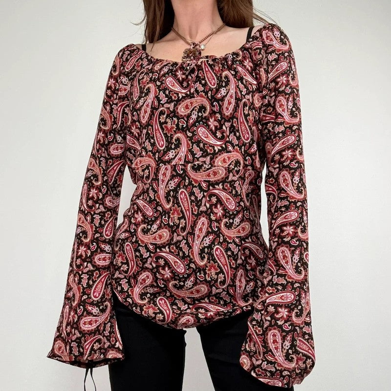 paisley flared wide neck blouse