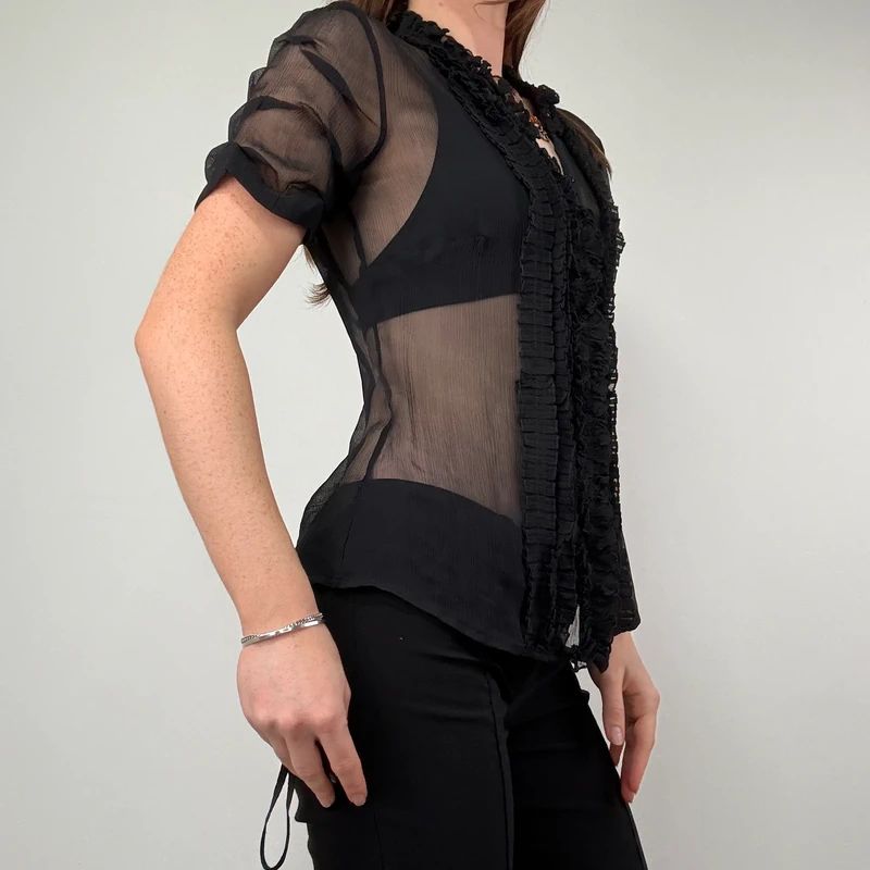 black sheer silk ruffle shirt with short sleeves